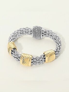 14K Gold Plated Two Tone Sculpted Accent Textured Band Magnetic Bracelet